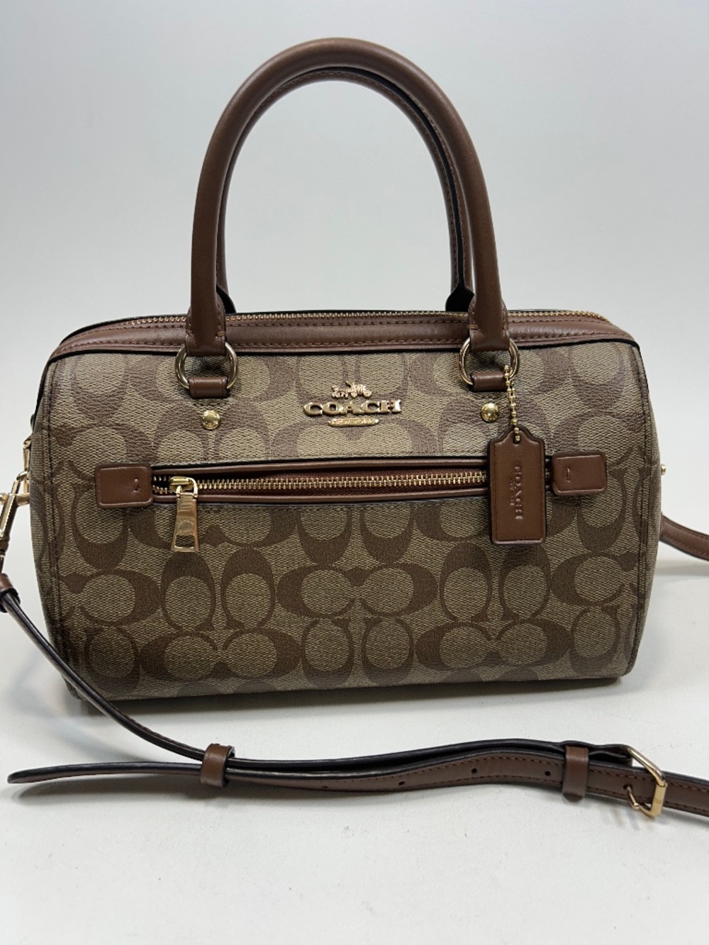 COACH Rowan Satchel in Khaki/Saddle Signature Coated Canvas Crossbody Strap